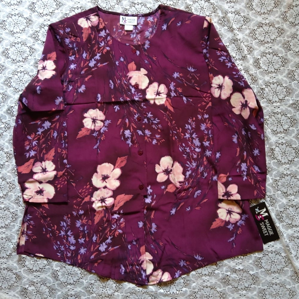 Maggie Sweet Burgundy Flower Print Top Size 2X